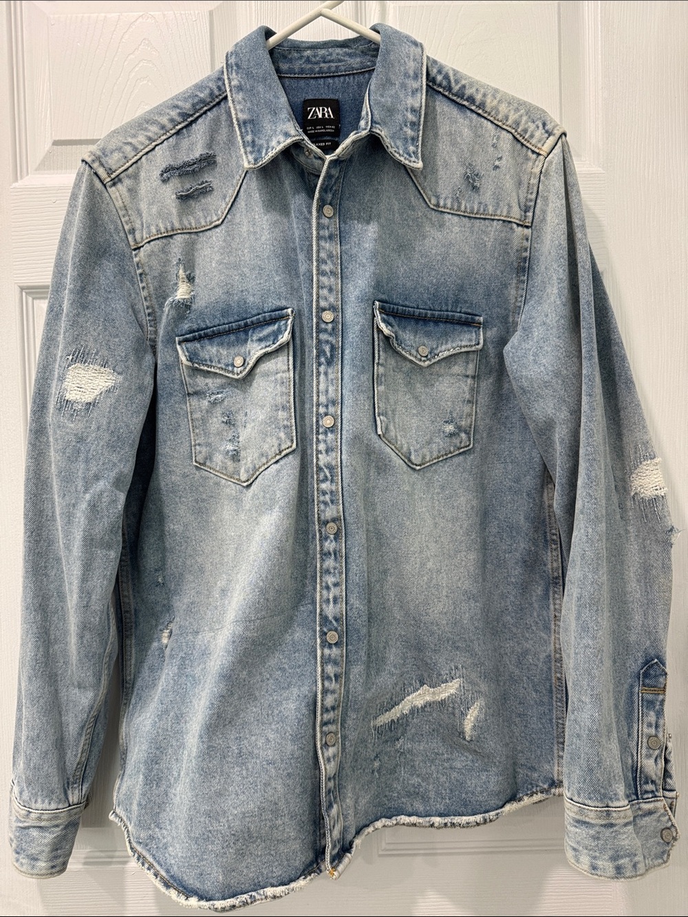 ZARA Light Blue Distressed Denim Shirt Jacket
